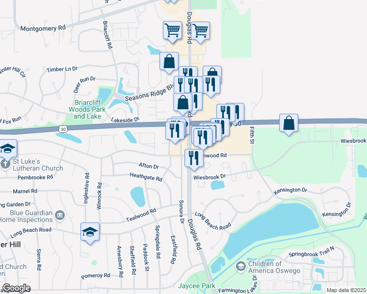 map of restaurants, bars, coffee shops, grocery stores, and more near 34 East Merchants Drive in Oswego