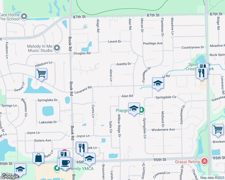 map of restaurants, bars, coffee shops, grocery stores, and more near 28W543 Leverenz Road in Naperville