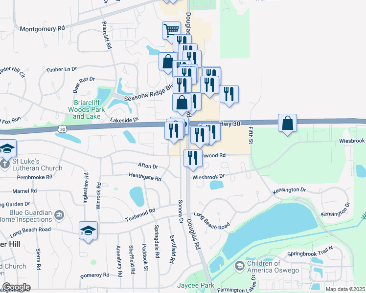 map of restaurants, bars, coffee shops, grocery stores, and more near 34 East Merchants Drive in Oswego