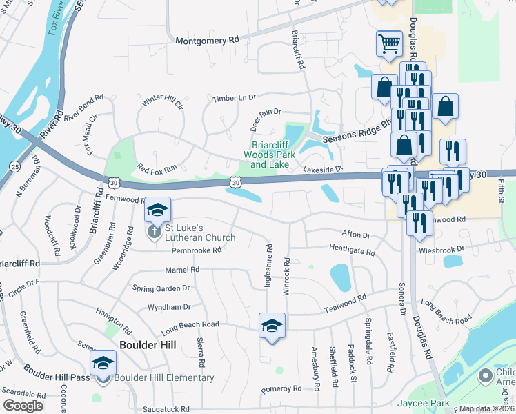 map of restaurants, bars, coffee shops, grocery stores, and more near 6 Hunter Drive in Montgomery