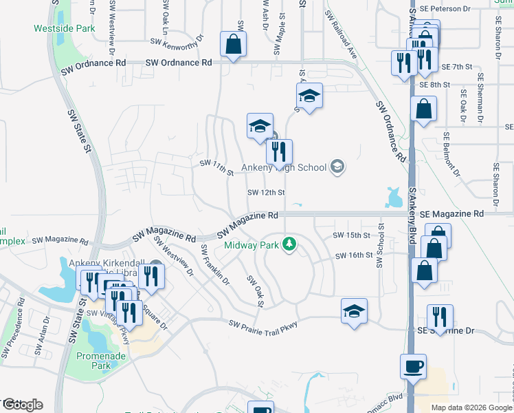 map of restaurants, bars, coffee shops, grocery stores, and more near 710 Southwest Magazine Road in Ankeny