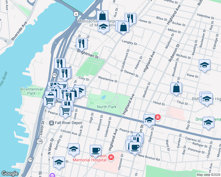 map of restaurants, bars, coffee shops, grocery stores, and more near 376 North Underwood Street in Fall River