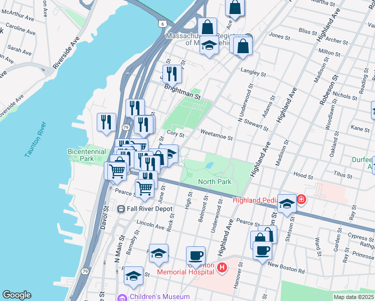 map of restaurants, bars, coffee shops, grocery stores, and more near 100 Hood Street in Fall River