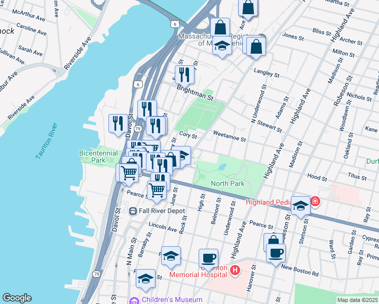 map of restaurants, bars, coffee shops, grocery stores, and more near 35 Hood Street in Fall River