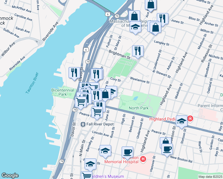 map of restaurants, bars, coffee shops, grocery stores, and more near 35 Hood Street in Fall River