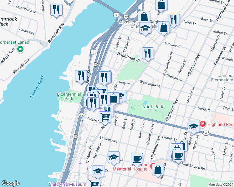 map of restaurants, bars, coffee shops, grocery stores, and more near 62 Almy Street in Fall River