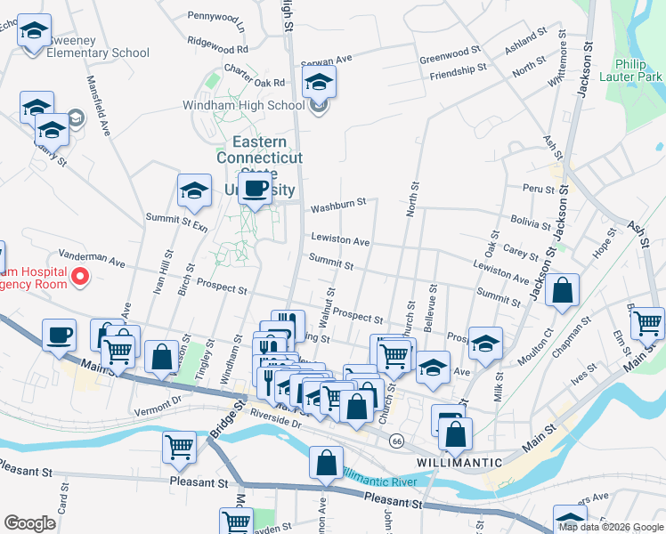 map of restaurants, bars, coffee shops, grocery stores, and more near 269 Summit Street in Windham