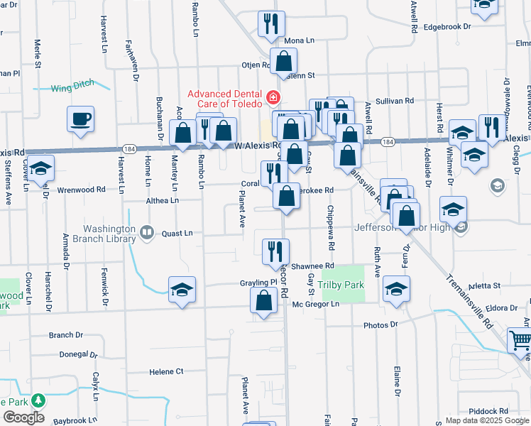 map of restaurants, bars, coffee shops, grocery stores, and more near 5633 Secor Road in Toledo