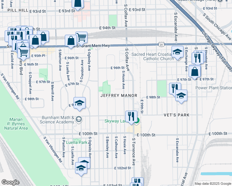 map of restaurants, bars, coffee shops, grocery stores, and more near 2525 East 97th Place in Chicago
