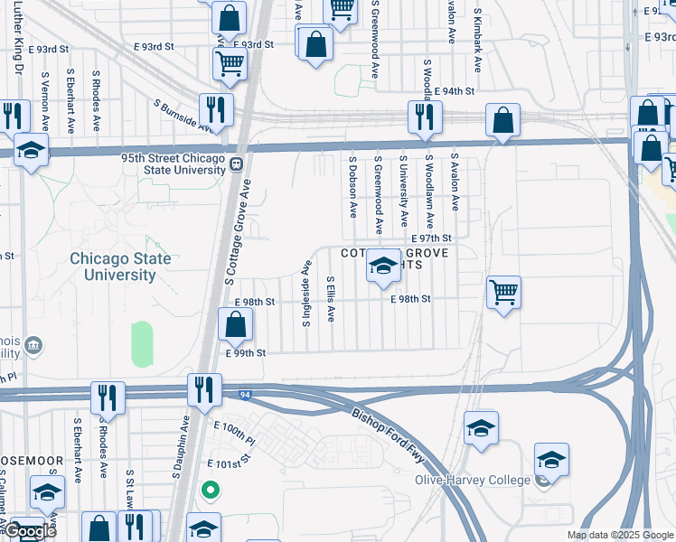 map of restaurants, bars, coffee shops, grocery stores, and more near 9712 South Dobson Avenue in Chicago