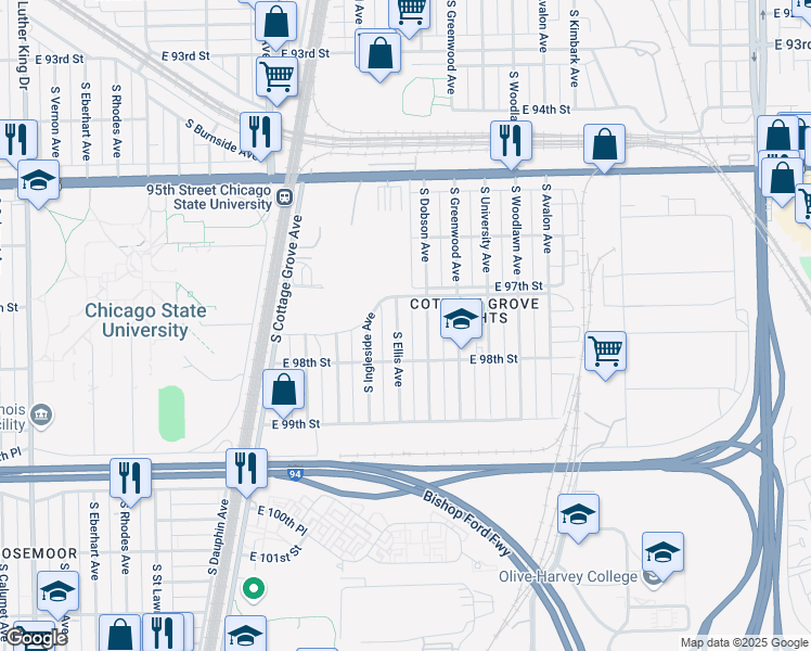 map of restaurants, bars, coffee shops, grocery stores, and more near 9712 South Dobson Avenue in Chicago