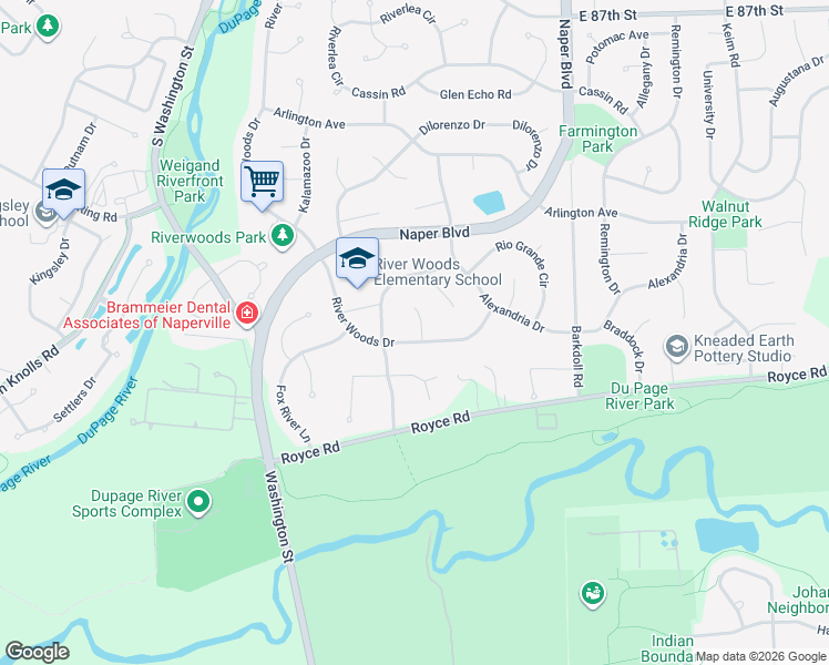 map of restaurants, bars, coffee shops, grocery stores, and more near 2687 Wabash Court in Naperville