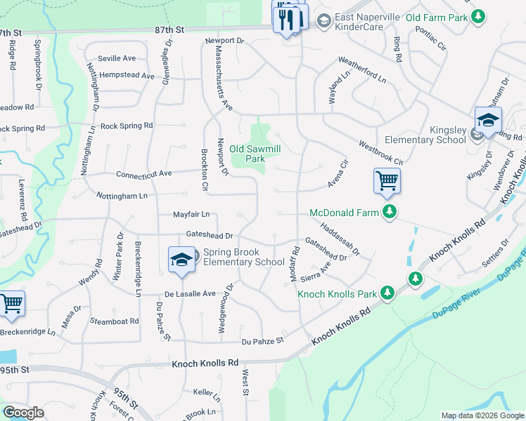 map of restaurants, bars, coffee shops, grocery stores, and more near 2600 Newport Drive in Naperville