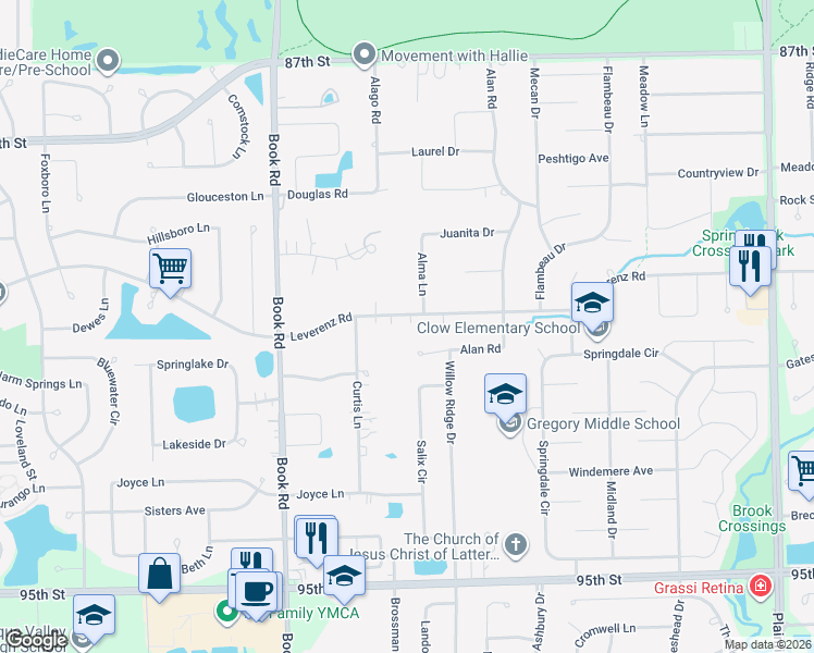 map of restaurants, bars, coffee shops, grocery stores, and more near 28W587 Leverenz Road in Naperville