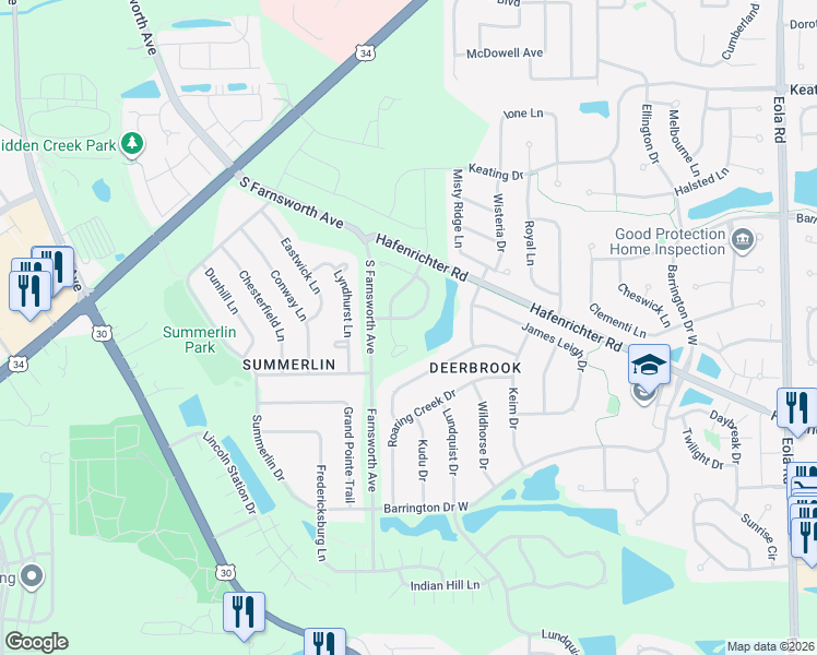 map of restaurants, bars, coffee shops, grocery stores, and more near 1825 Turtle Creek Drive in Aurora