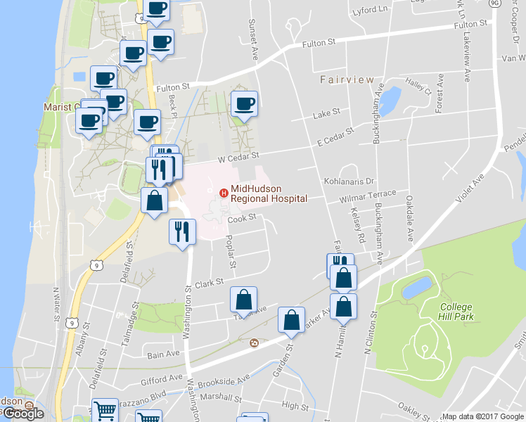map of restaurants, bars, coffee shops, grocery stores, and more near 2 Green Street in Poughkeepsie