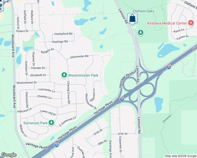 map of restaurants, bars, coffee shops, grocery stores, and more near 8991 Hillcrest Court in Woodridge