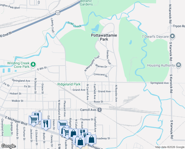 map of restaurants, bars, coffee shops, grocery stores, and more near 100 Crescent Drive in Pottawattamie Park