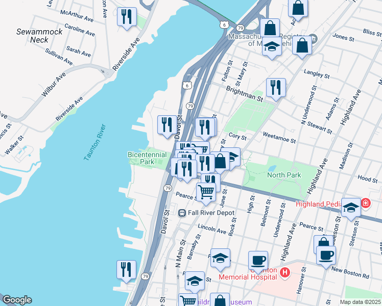 map of restaurants, bars, coffee shops, grocery stores, and more near 97 Lindsey Street in Fall River