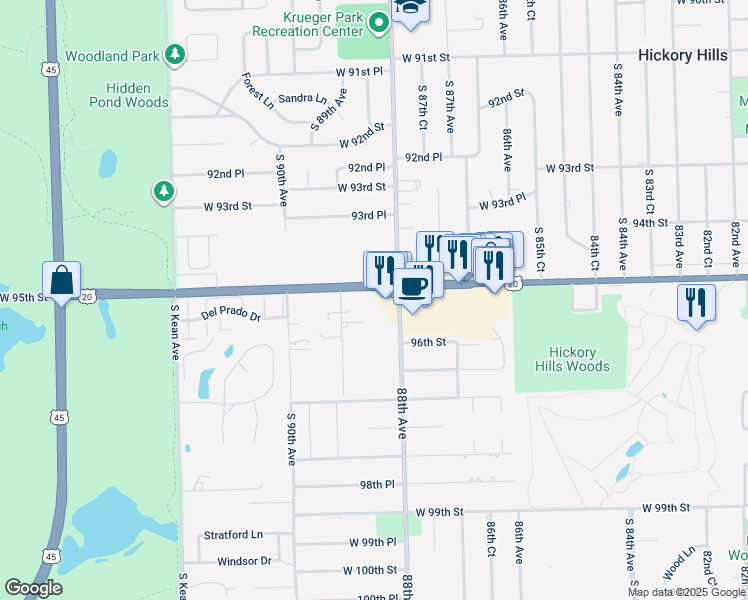 map of restaurants, bars, coffee shops, grocery stores, and more near 8813 95th Street in Palos Hills