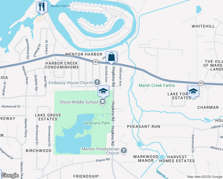 map of restaurants, bars, coffee shops, grocery stores, and more near 5627 Hopkins Road in Mentor