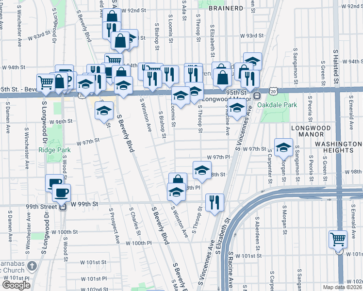 map of restaurants, bars, coffee shops, grocery stores, and more near 1345 West 97th Street in Chicago