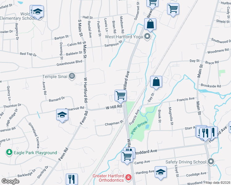 map of restaurants, bars, coffee shops, grocery stores, and more near 22 Surrey Drive in Newington