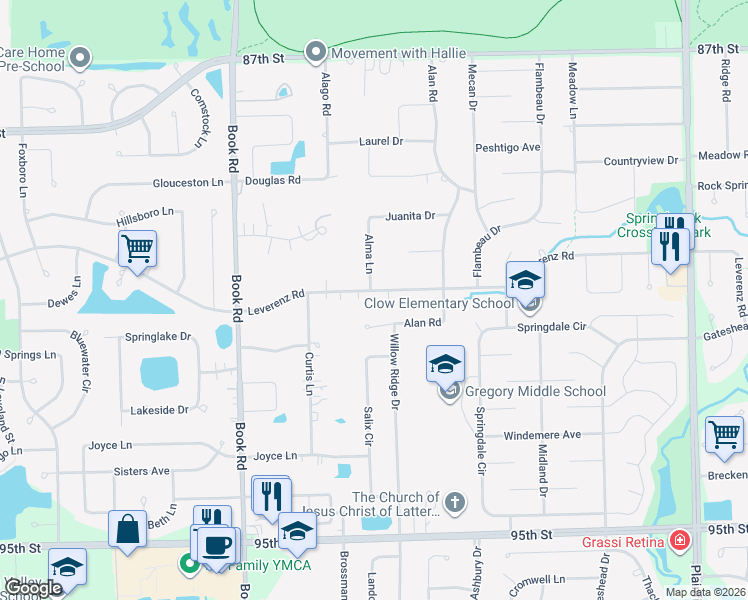 map of restaurants, bars, coffee shops, grocery stores, and more near 28W555 Leverenz Road in Naperville