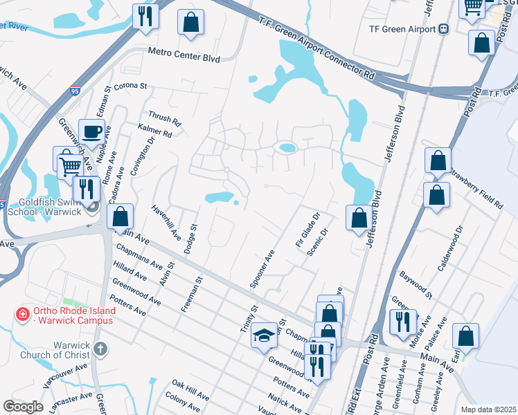 map of restaurants, bars, coffee shops, grocery stores, and more near 57 Ashwood Circle in Warwick