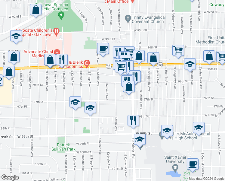 map of restaurants, bars, coffee shops, grocery stores, and more near 9616 Karlov Avenue in Oak Lawn