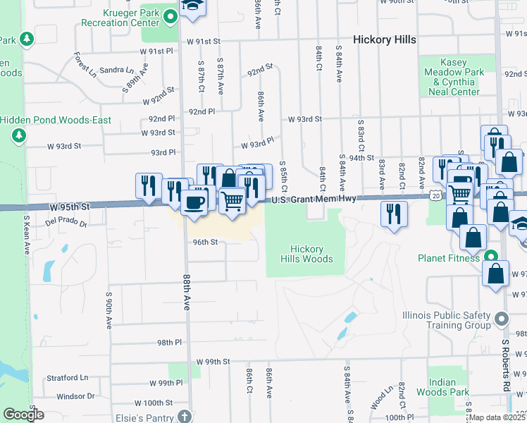 map of restaurants, bars, coffee shops, grocery stores, and more near 9530 South 86th Avenue in Hickory Hills