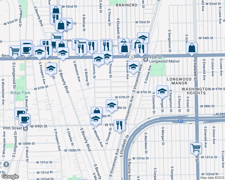 map of restaurants, bars, coffee shops, grocery stores, and more near 1301 West 97th Street in Chicago