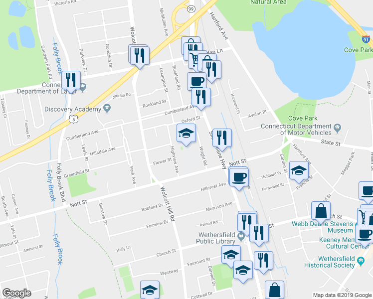 map of restaurants, bars, coffee shops, grocery stores, and more near 186 Nott Street in Wethersfield