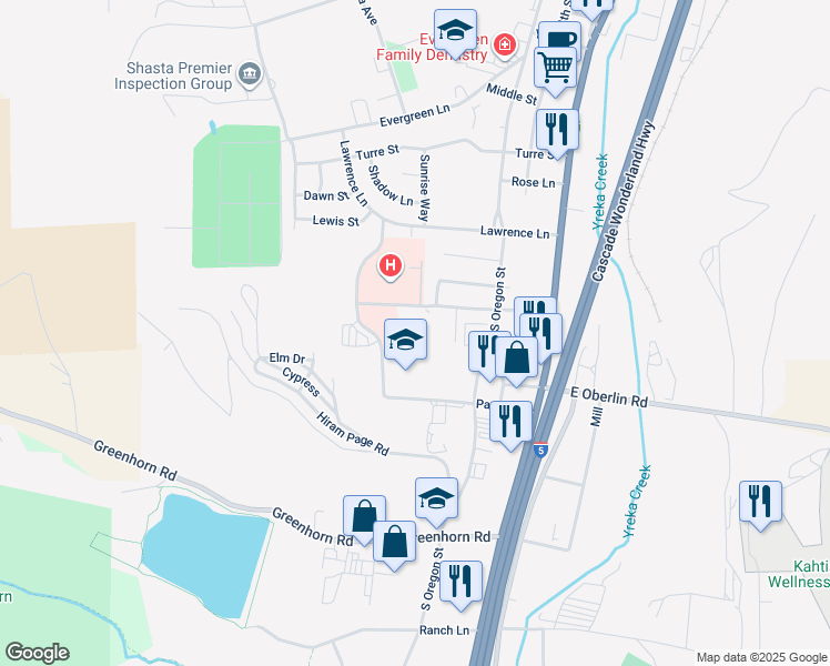 map of restaurants, bars, coffee shops, grocery stores, and more near 351 Bruce Street in Yreka