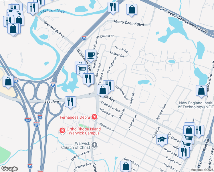 map of restaurants, bars, coffee shops, grocery stores, and more near 126 Covington Drive in Warwick