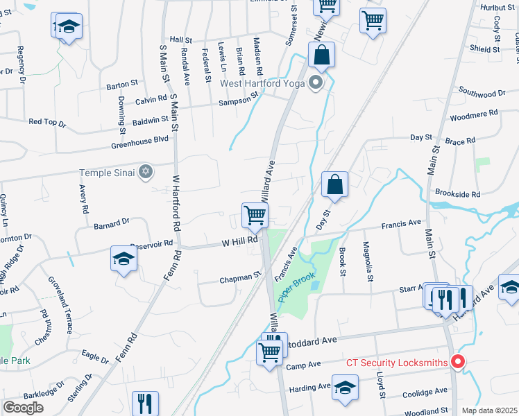 map of restaurants, bars, coffee shops, grocery stores, and more near 22 Surrey Drive in Newington