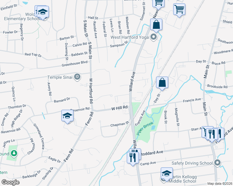 map of restaurants, bars, coffee shops, grocery stores, and more near 36 Surrey Drive in Newington