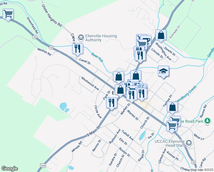 map of restaurants, bars, coffee shops, grocery stores, and more near Rabbi Herman Manya Eisner Square in Ellenville