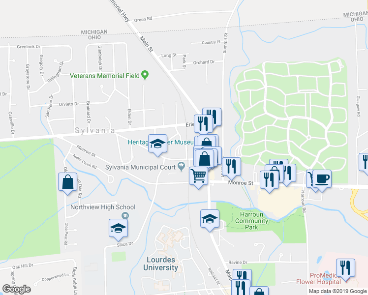 map of restaurants, bars, coffee shops, grocery stores, and more near 6632 Maplewood Avenue in Sylvania