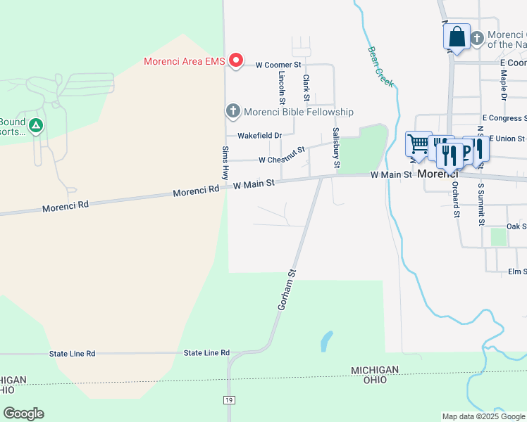 map of restaurants, bars, coffee shops, grocery stores, and more near York Hill in Morenci