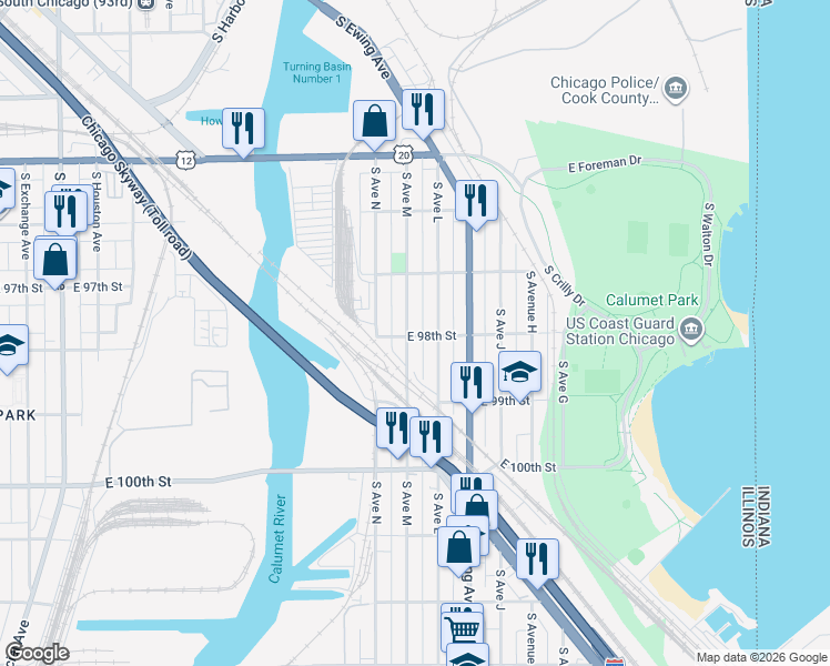 map of restaurants, bars, coffee shops, grocery stores, and more near 9751 South Avenue M in Chicago