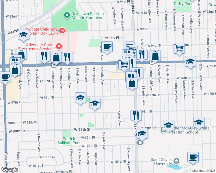 map of restaurants, bars, coffee shops, grocery stores, and more near 9609 South Keeler Avenue in Oak Lawn