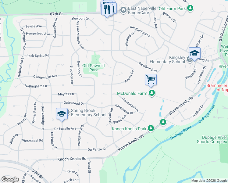 map of restaurants, bars, coffee shops, grocery stores, and more near 2624 Haddassah Dr in Naperville