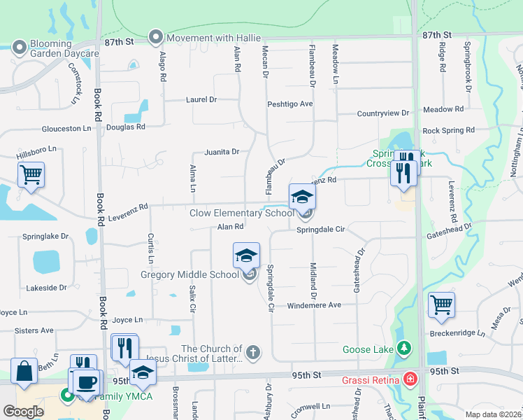 map of restaurants, bars, coffee shops, grocery stores, and more near 10S381 Alan Road in Naperville