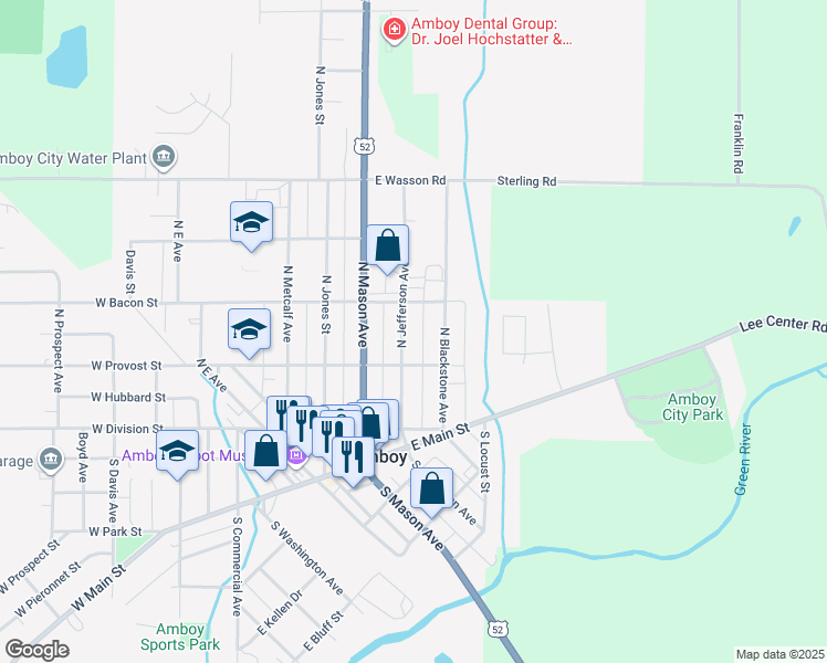 map of restaurants, bars, coffee shops, grocery stores, and more near 132 North Jefferson Avenue in Amboy