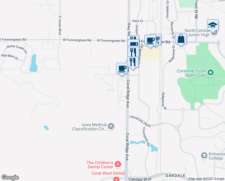 map of restaurants, bars, coffee shops, grocery stores, and more near Coral Ridge Avenue in Coralville