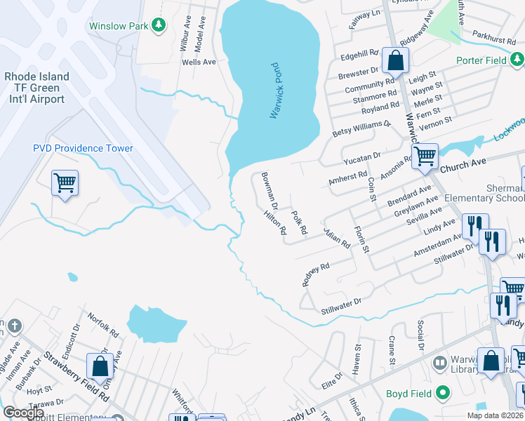 map of restaurants, bars, coffee shops, grocery stores, and more near 150 Hilton Road in Warwick