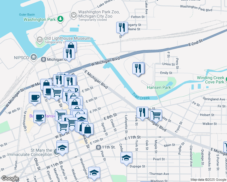 map of restaurants, bars, coffee shops, grocery stores, and more near 501 East 6th Street in Michigan City