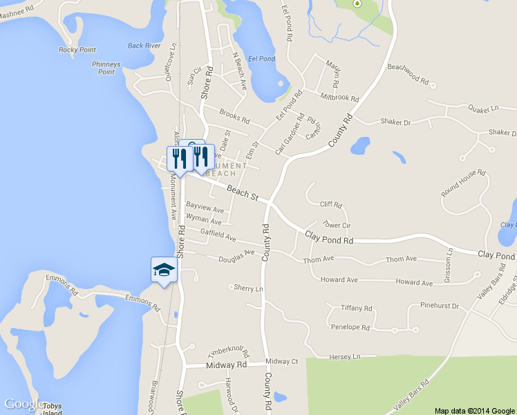 map of restaurants, bars, coffee shops, grocery stores, and more near 60 Beach Street in Bourne