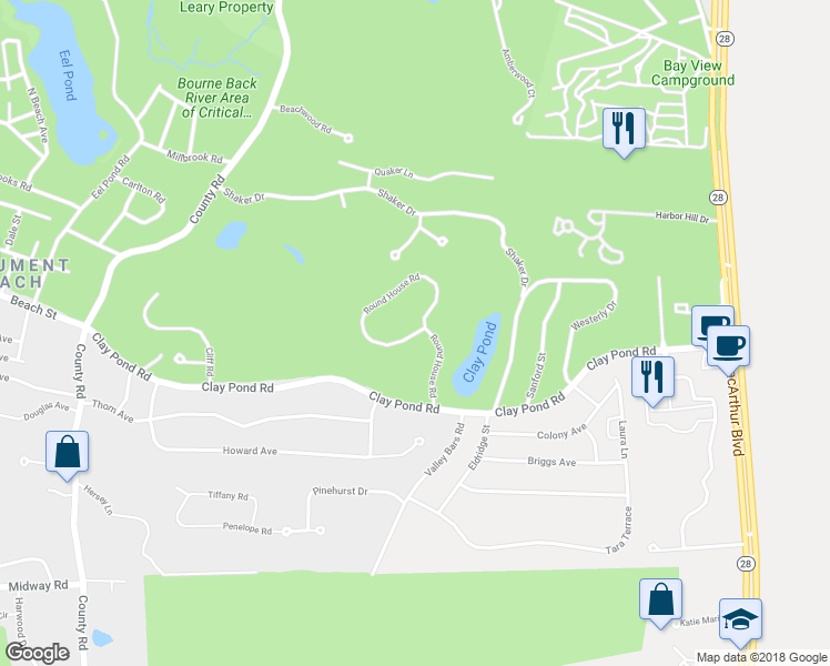 map of restaurants, bars, coffee shops, grocery stores, and more near 63 Round House Road in Bourne